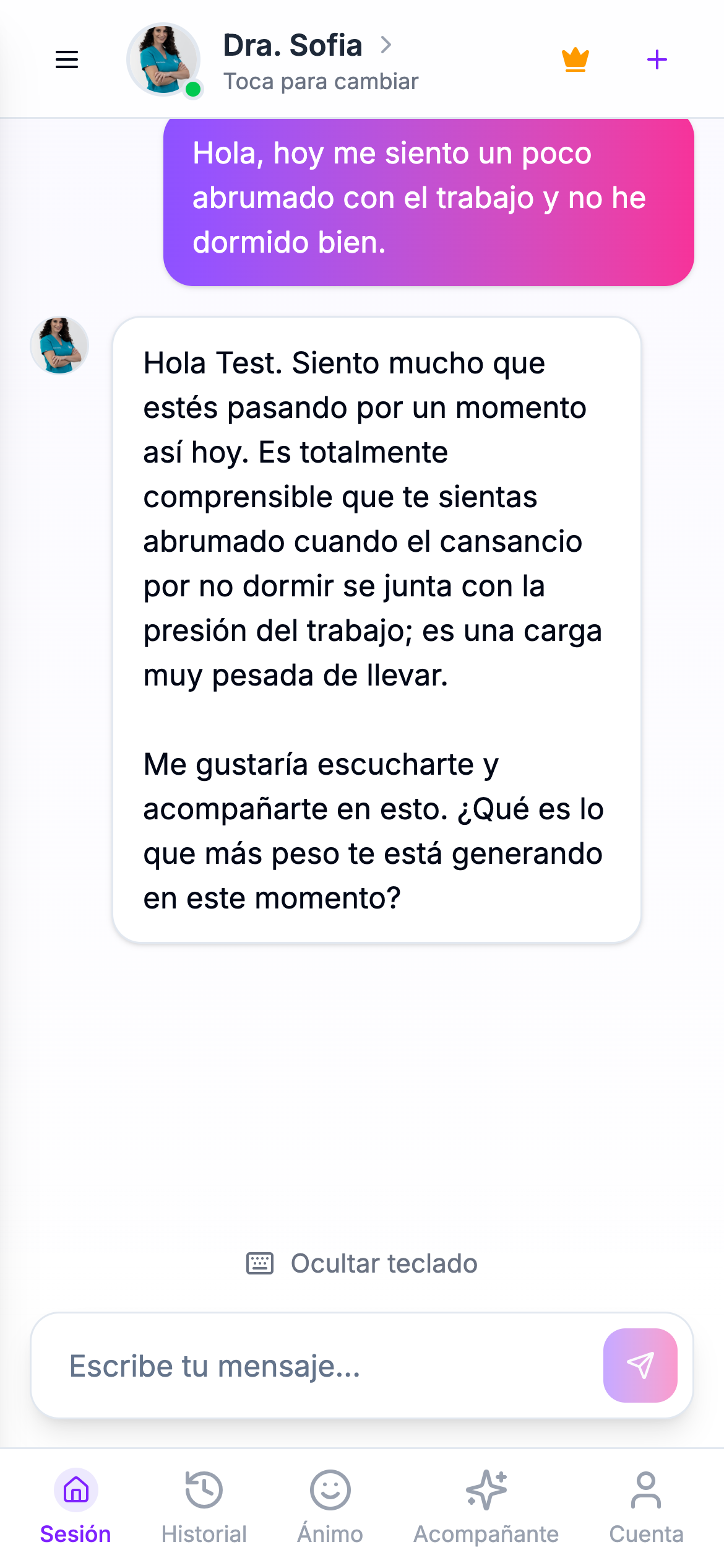 Text conversation in the Psicologo app