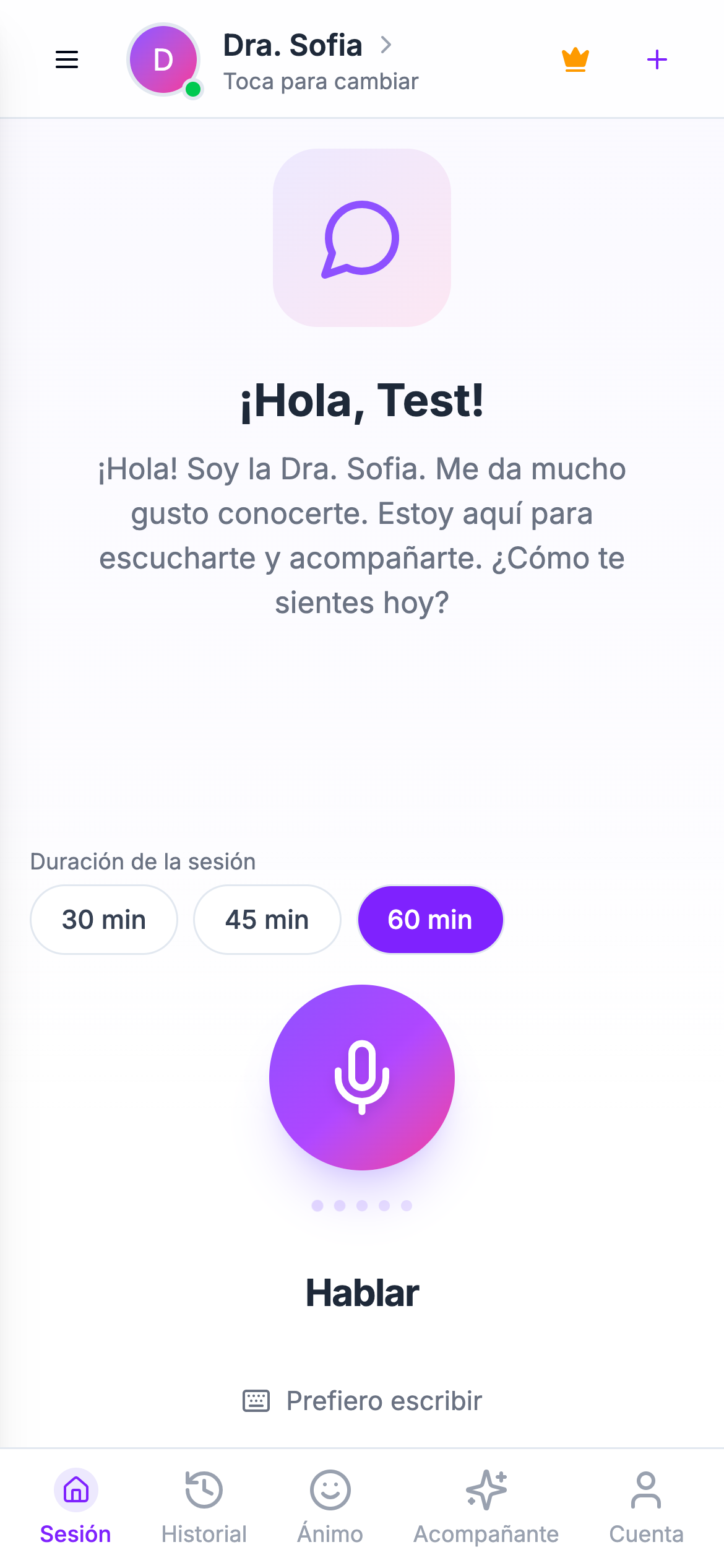 Voice conversation screen in Psicologo